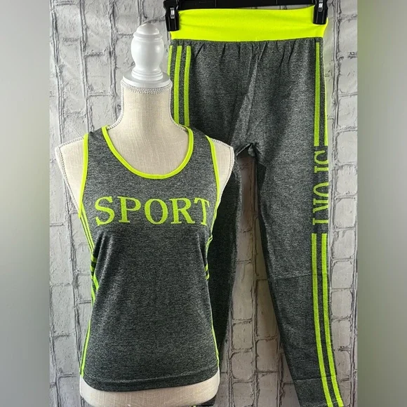 F&F Size: One Size Sport Workout Set Sleeveless Top/Leggings Gray/Neon - Picture 3 of 11